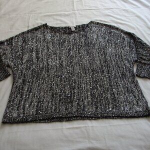 CHICO's Black & Silver 3/4 Sleeve SEQUIN Trim SCOOP Neck SWEATER Sz 4